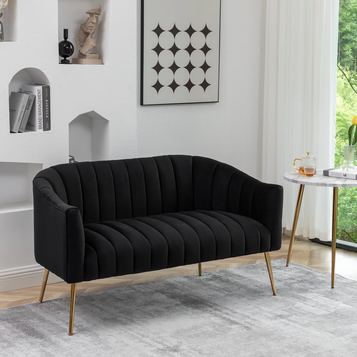 Modern Glam Comfy 50" Metal Legs Curved Sofa 2 Seaters Loveseat with Tufted Back, Mid Century Hall Velvet Sofa for Living Room