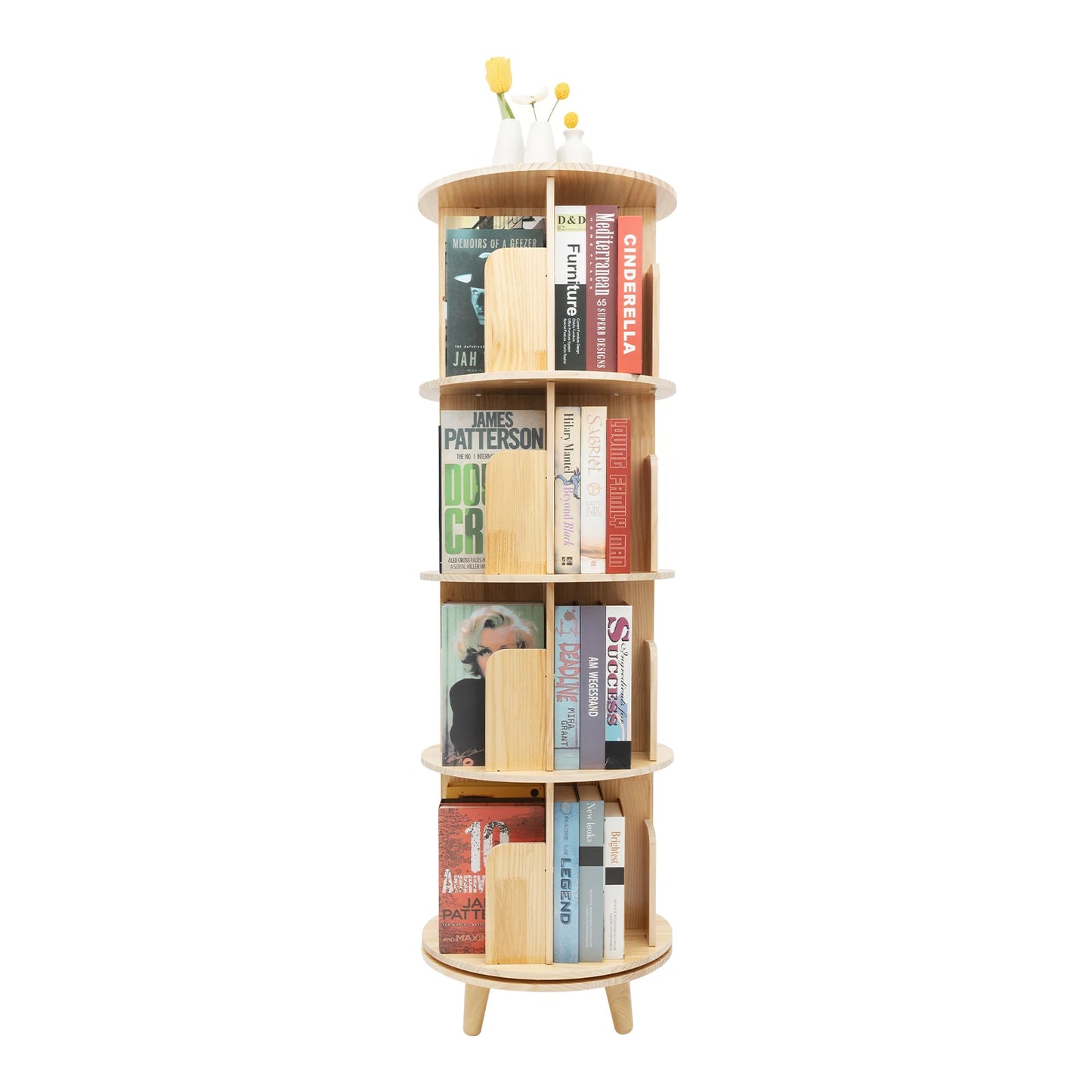 4 Tier Rotating Bookshelf with Legs,Floor Standing Stackable Wood Round Bookshelf 360 Display Book Shelf for Living Room Bedroom