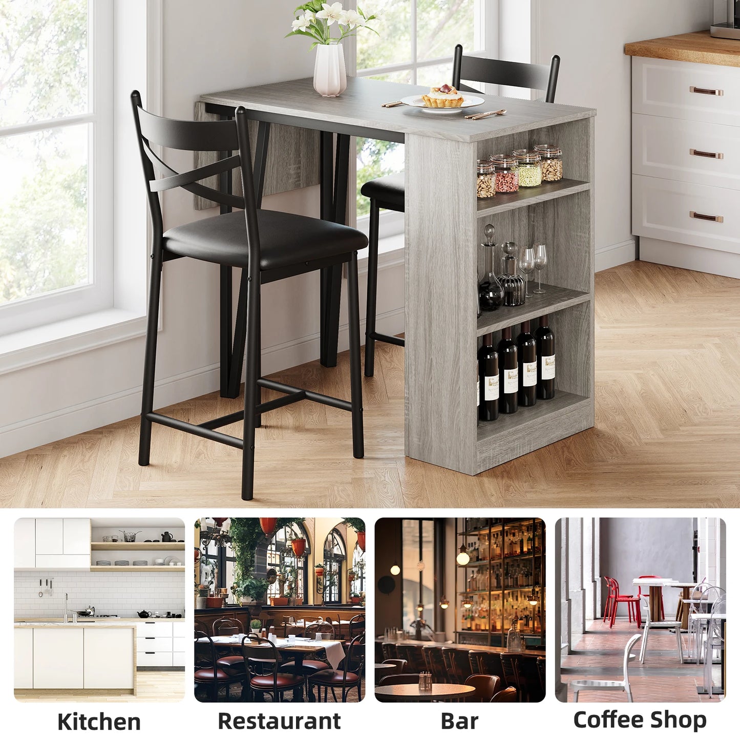Bar Table and Chairs Storage Shelves
