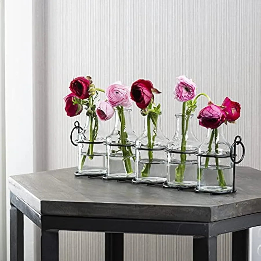 5pc Glass Flower Vase with Metal Holder