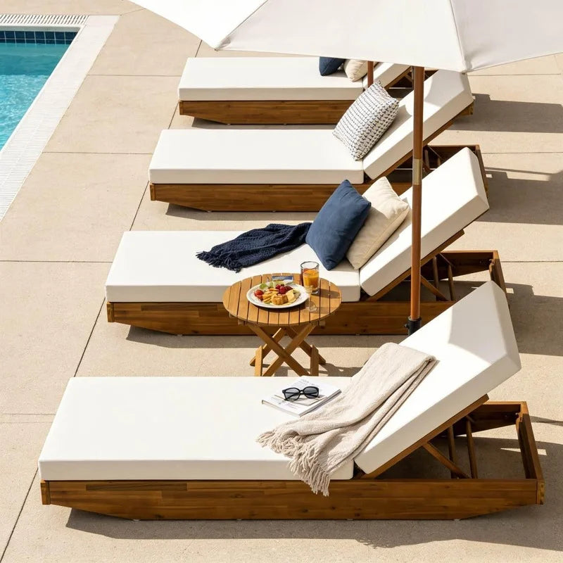 Wood Chaise Lounge with Cream Water-Repellent Cushion, 79.6" L x 29" W, 300 lbs Capacity