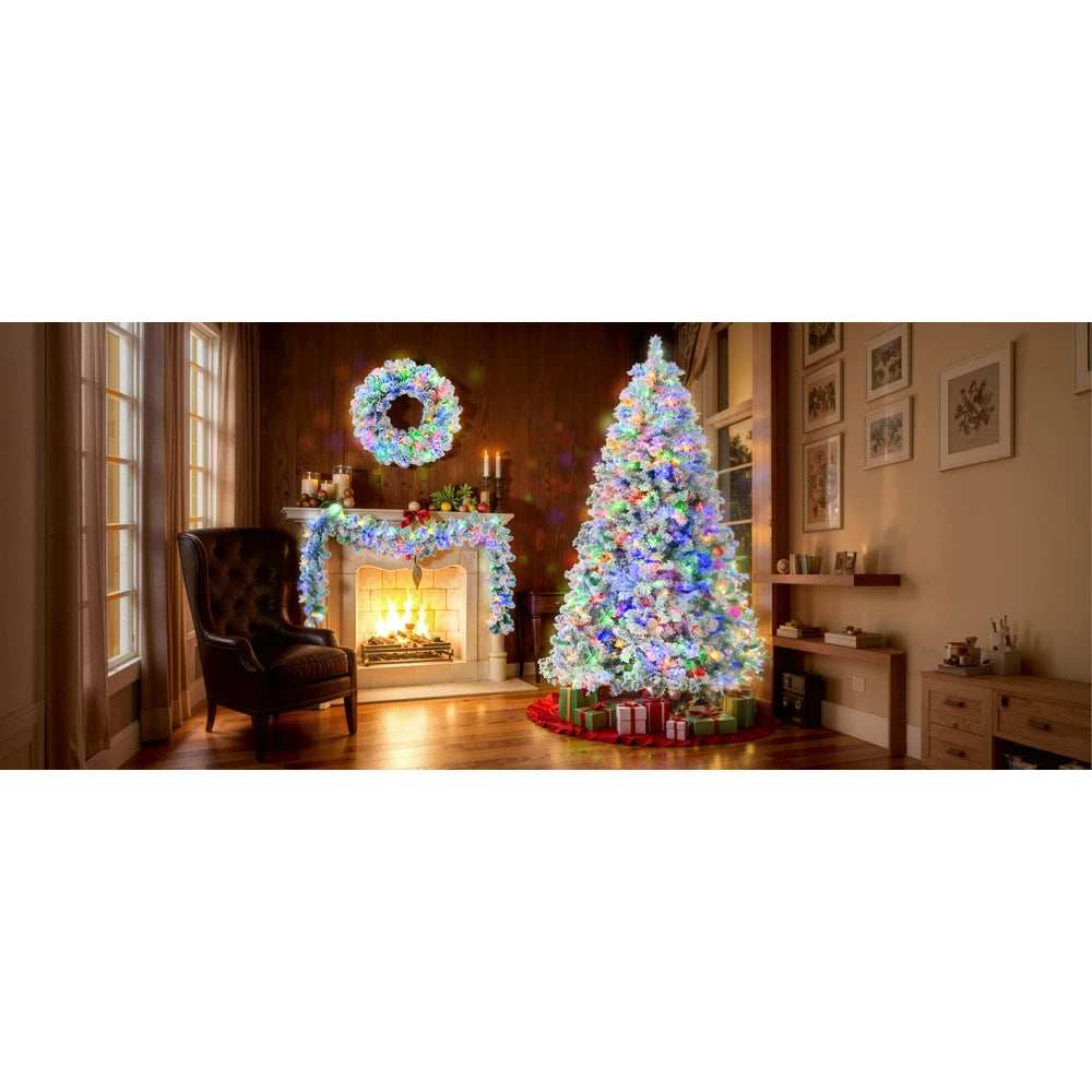 6FT Snow Flocked Pre-Lit Christmas Tree Set: Tree, Garland, Wreath with Colorful LED Lights, 8 Modes, Pine Cones.