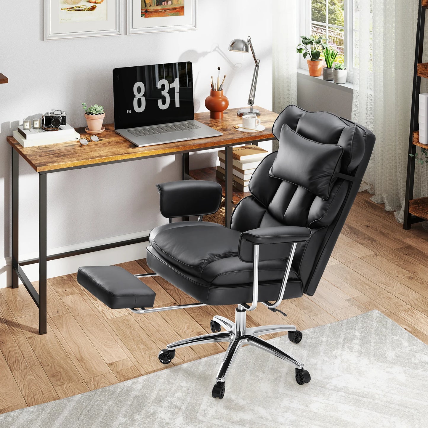 Leather Ergonomic Computer Desk Chair High Back with Footrest Lumbar Support Height Adjustable For Home Office