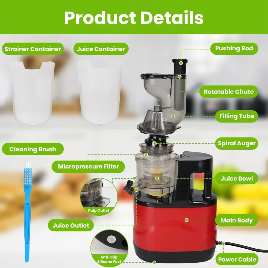 Cold Press Juicer Machine 300W Electric Slow Masticating Juicer for Whole Vegetable and Fruit with Reverse Function 2 Container