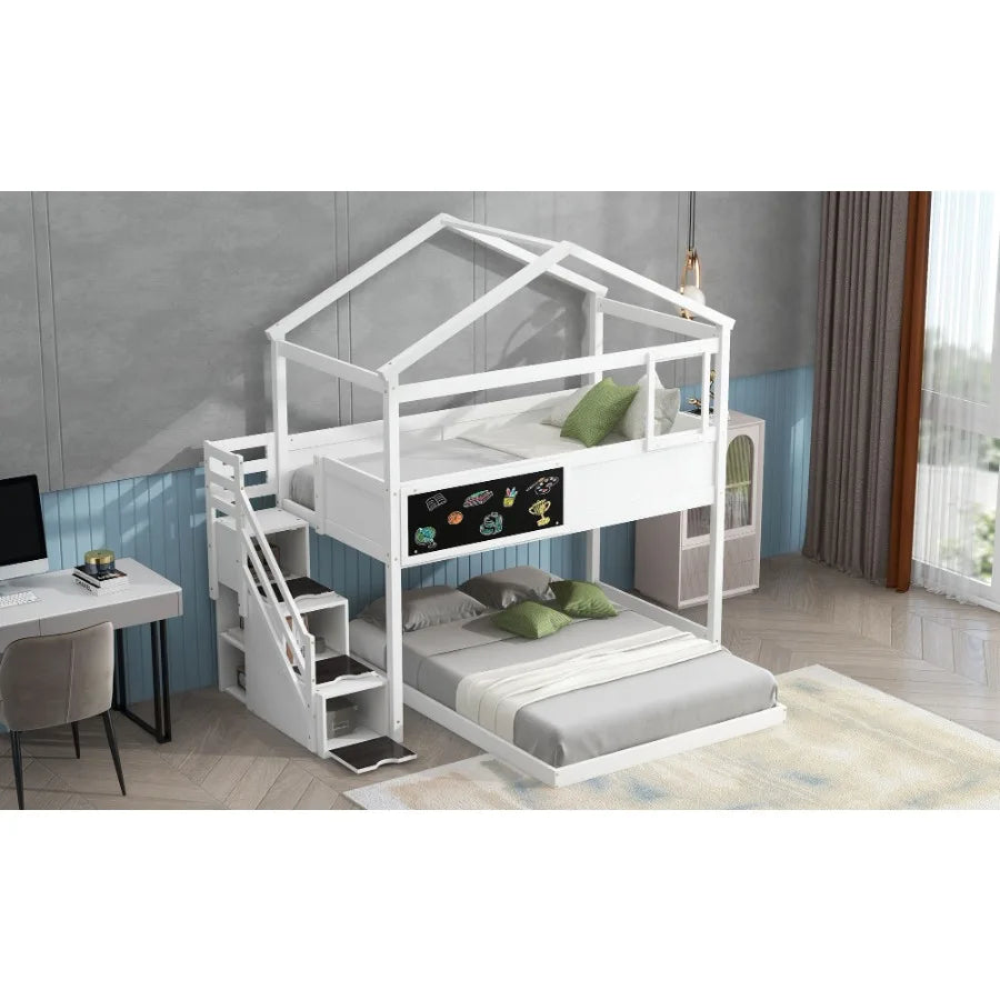 Twin over Full House Bunk Bed with Storage Staircase and Blackboard