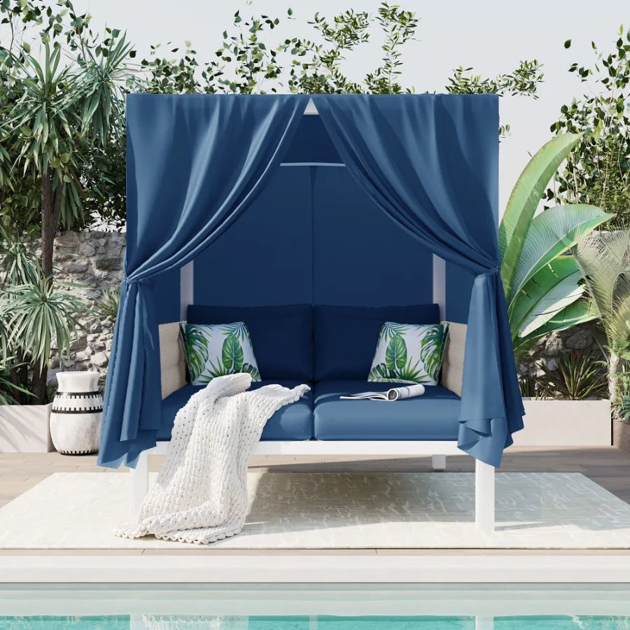 U_Style Outdoor Patio Sunbed with Curtains High Comfort Suitable for Multiple Scenarios