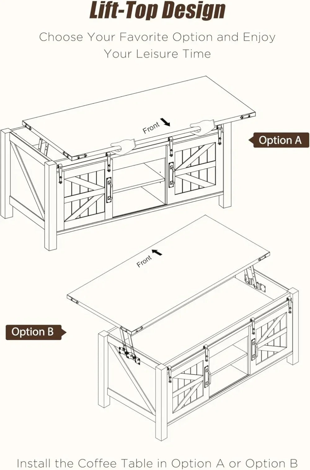 Lift Top Coffee Table with Sliding Barn Door, Rustic Farmhouse Storage Table for Living Room, Adjustable Shelf