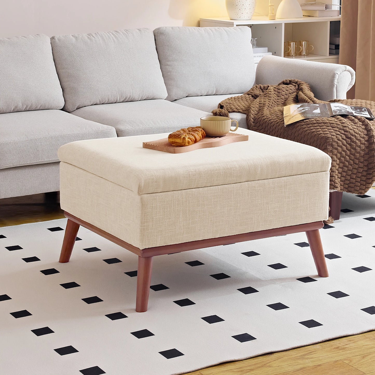 Large Storage Ottoman , 31.4 inch Lift Top Large Coffee Table with High-density Foam Wood Legs