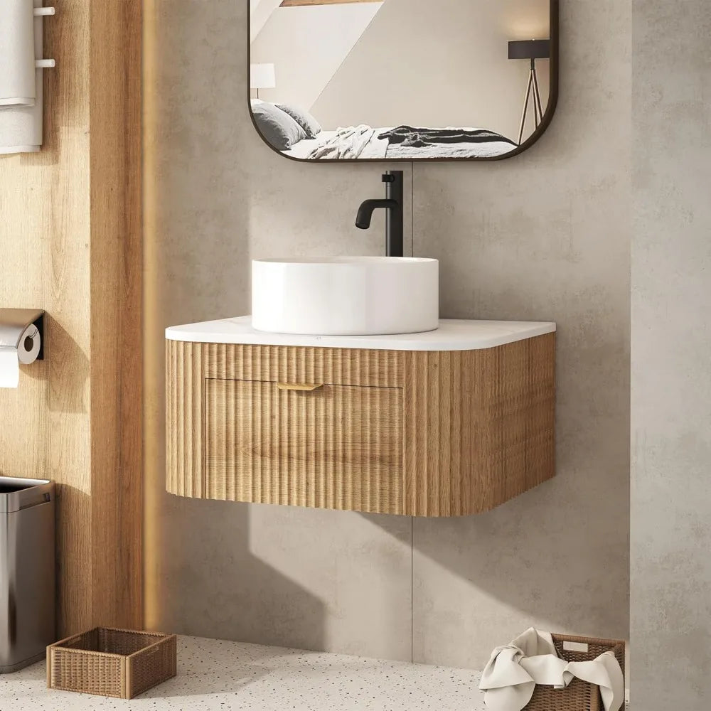 Floating Bathroom Vanity with Sink, Fluted Drawer Storage, Marble Wood Top, Wall Mounted
