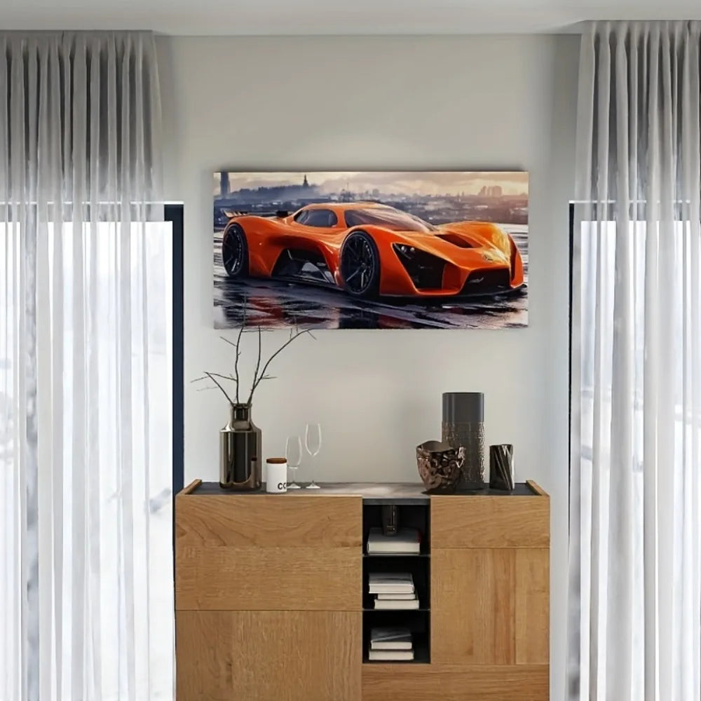 Stylish retro orange sports car, art canvas painting artwork, modern decorative poster, 1.5 inch thick pine solid wood frame
