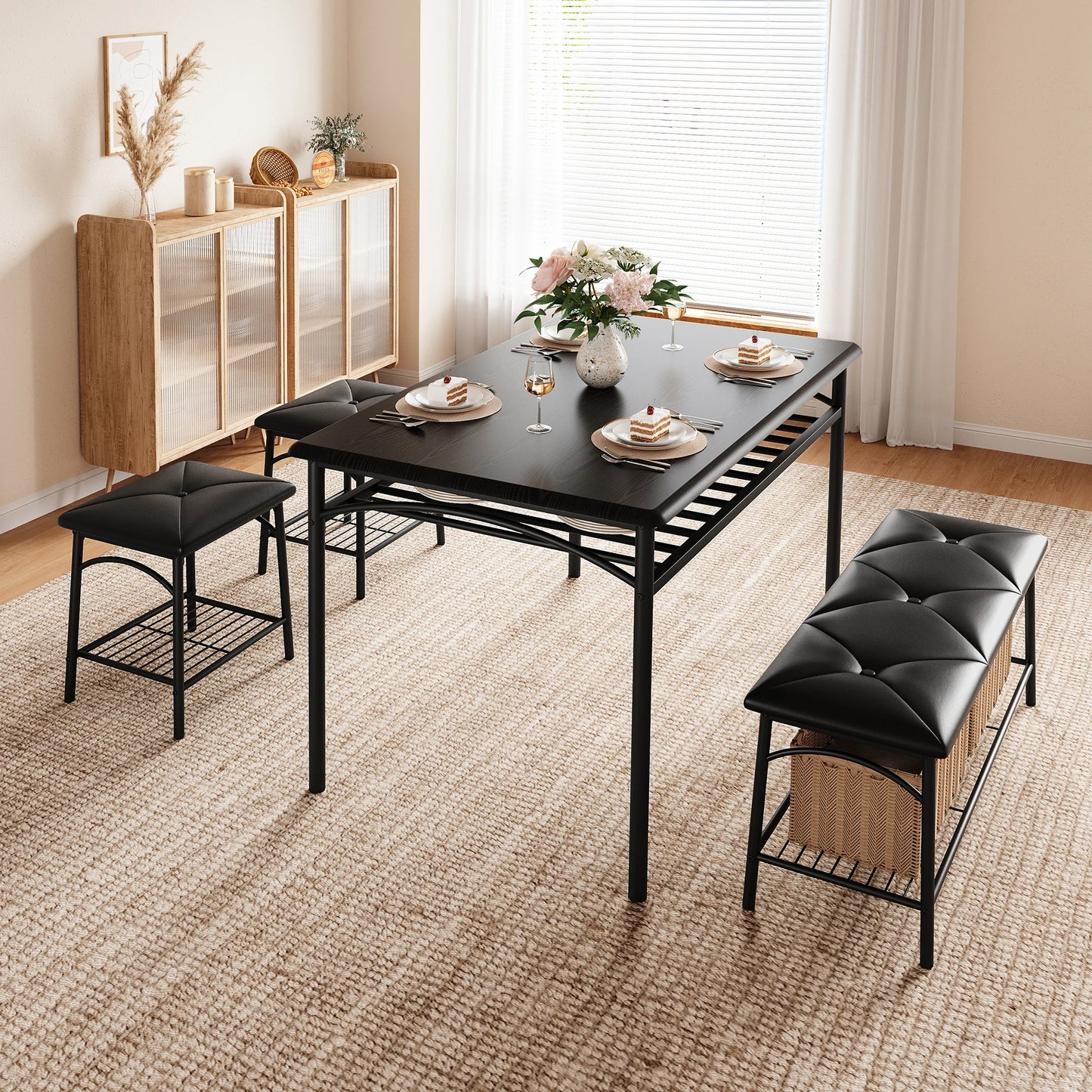 Dining Table Set for 4, Kitchen Table Set with Upholstered Bench and Square Stools, Metal and Wood Dining Room Table Set