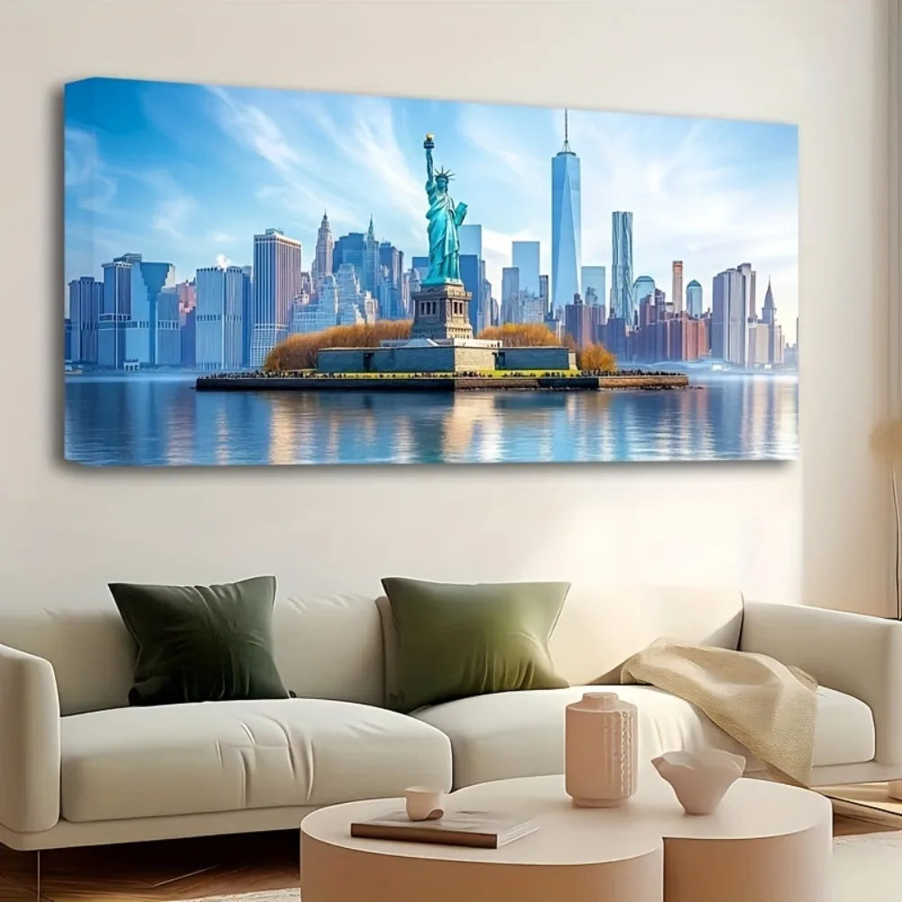 1.5 inch thick pine solid wood frame, Statue of Liberty mural, art deco