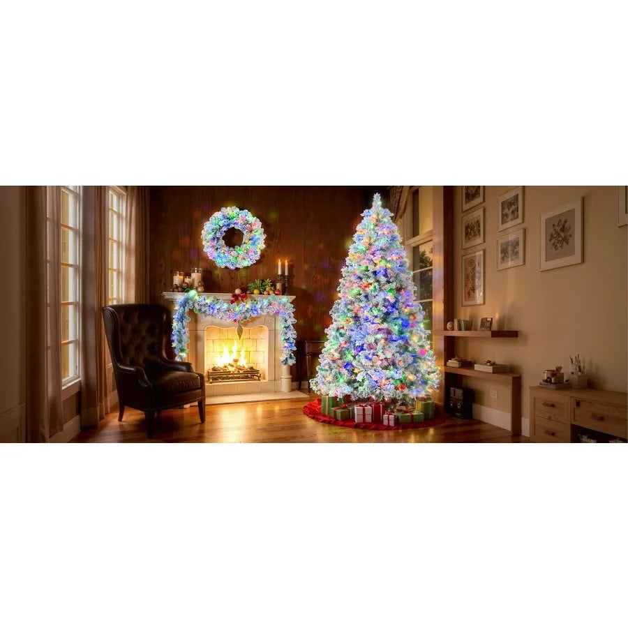 6FT Snow Flocked Christmas Tree PreLit Set with Tree Garland Wreath