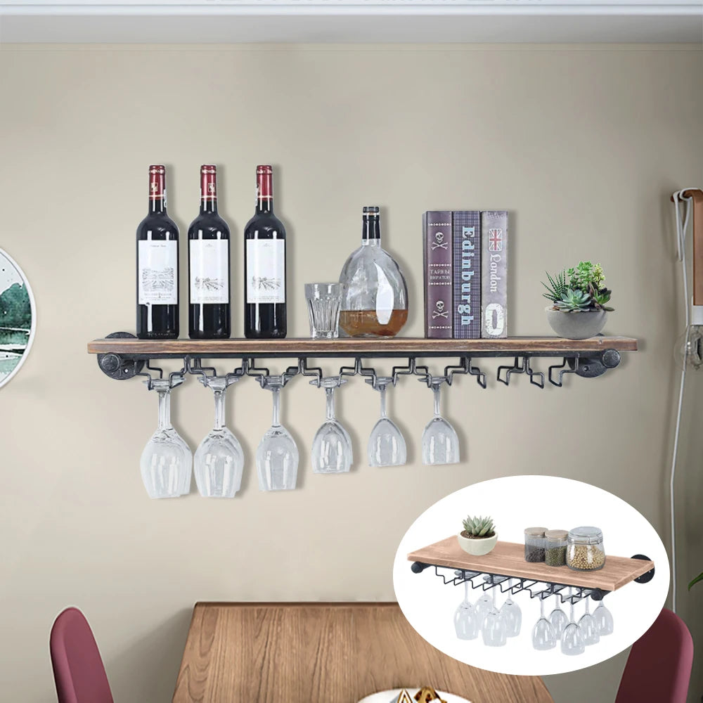 Wine Rack, Wall-Mounted, Black & Pine Wood, Rustic Design with Glass Storage, Spacious Shelf for Wine Bottles & Collectibles