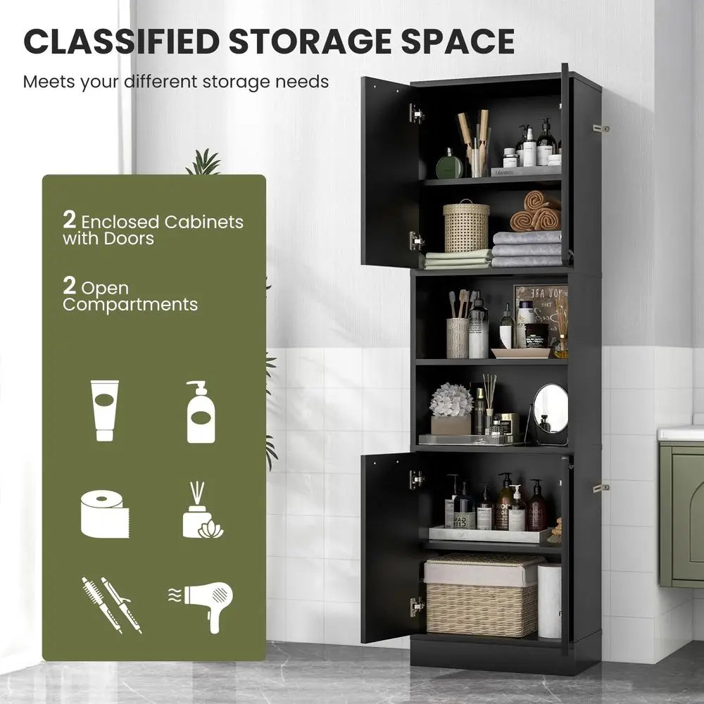 75 Tall Bathroom Storage Cabinet, Bathroom Floor Cabinet with 4 Doors amp 2 Open Shelves, 4 Antitoppling Devices, Freestanding