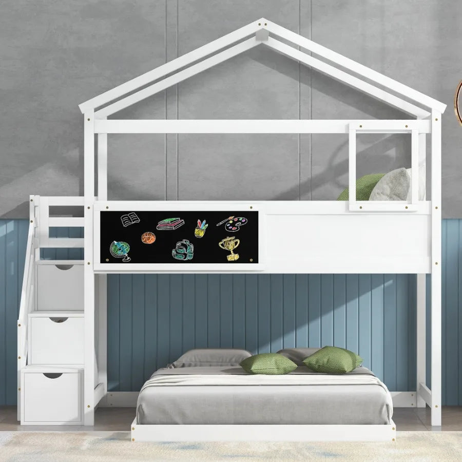 Twin over Full House Bunk Bed with Storage Staircase and Blackboard