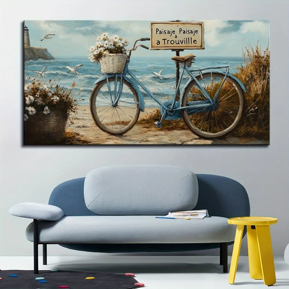 1.5 inch thick pine solid wood frame, white lighthouse, beach, waves, ocean, seascape, nature landscape hanging picture