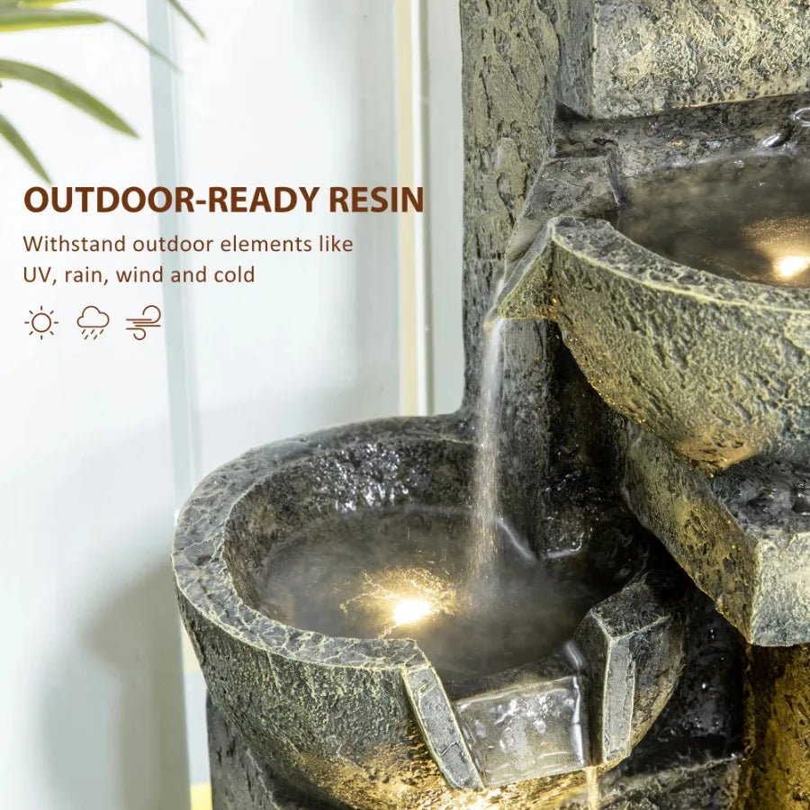 Outdoor Fountain with 4-Tier Stacked Stone Look Bowls, Cascading Waterfall,