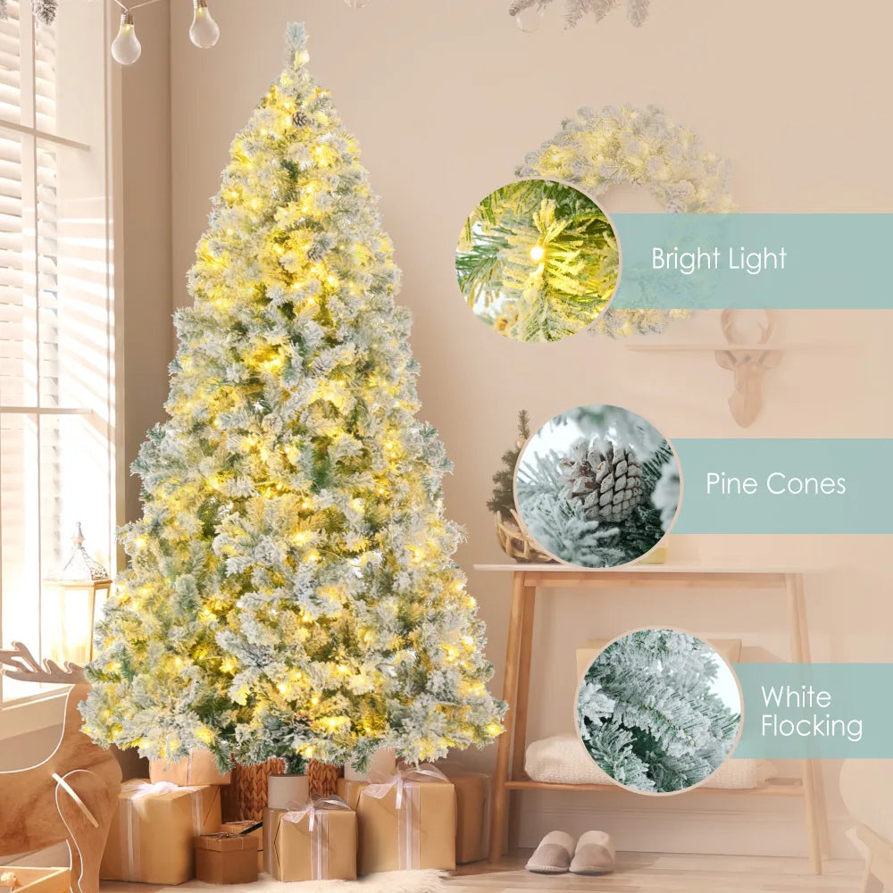 6FT Snow Flocked Pre-Lit Christmas Tree Set: Tree, Garland, Wreath with Colorful LED Lights, 8 Modes, Pine Cones.