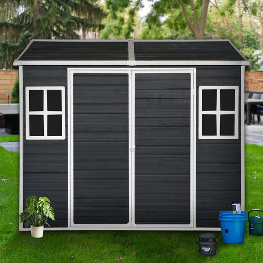 8x6ft Outdoor Resin Garden Shed with Floor and 2 Windows, Plastic Patio Outdoor Storage Shed with Lockable Door for Garden Tools