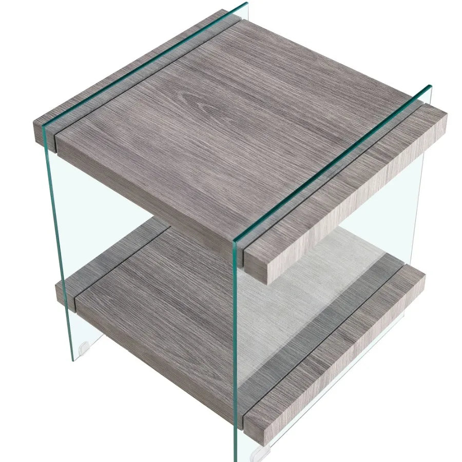 17.72 Sleek and Sturdy Tempered Glass Leg Side Table with Dual MDF Shelves Modern