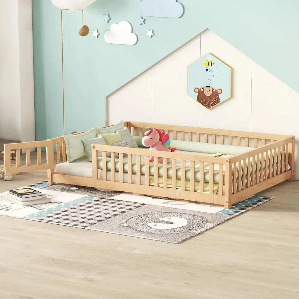 Toddler Floor Bed Frame with Safety Guardrails Doors Wood Slat Support Bed Detachable Platform Bed for Kids Bedroom Nursery