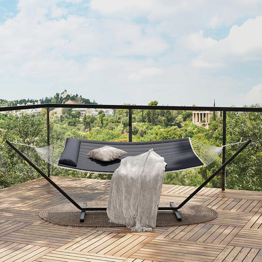 Portable Double Hammock With Stand, 2 Person Heavy Duty Hammock For Outdoor With Pillow & Adjustable Steel Stand For Garden