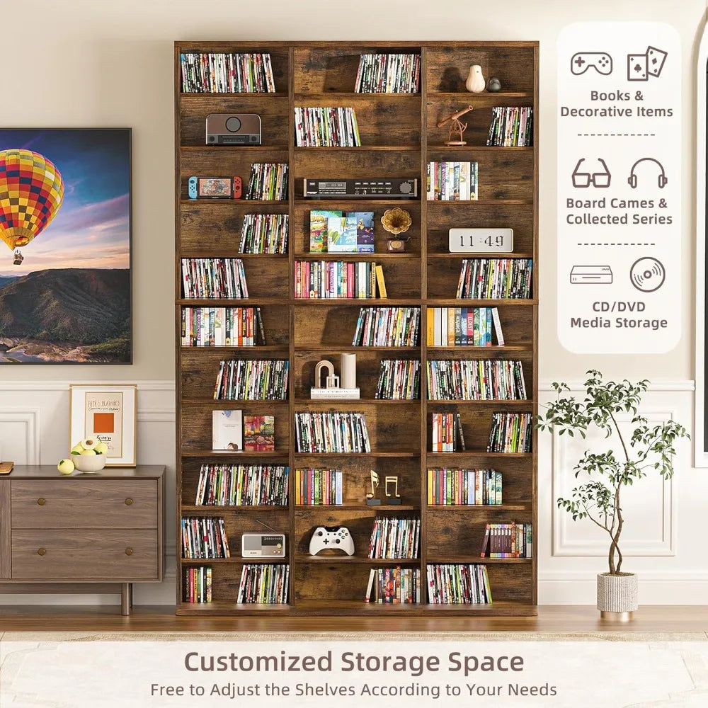 Adjustable Media Storage Cabinet, Brown Bookshelf for DVDs, CDs, Books - Living Room & Home Office