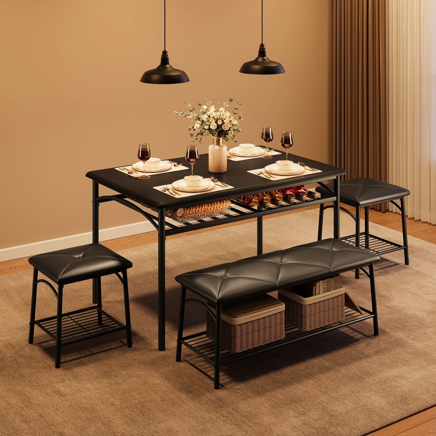 Dining Table Set for 4, Kitchen Table Set with Upholstered Bench and Square Stools, Metal and Wood Dining Room Table Set