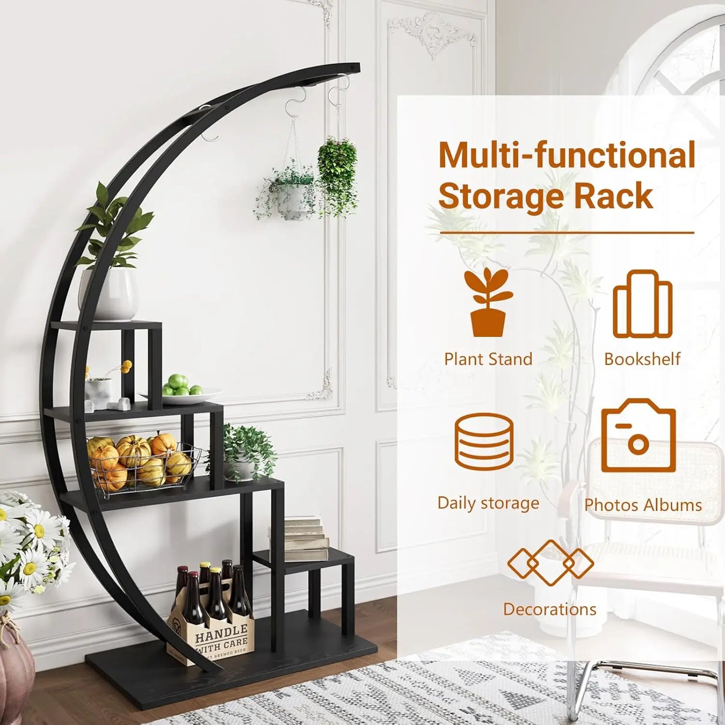 2pcs 5-Tier Metal Plant Stand Indoor Half Moon Shape