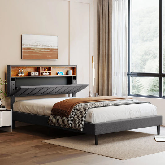 Queen Size Upholstered Platform Bed with Storage Headboard and USB Port, Linen Fabric Upholstered Bed