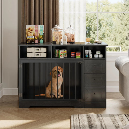 Farmhouse Wooden Dog Crate Furniture With 6 Storage Drawers Feeding Station Heavy Duty Dog Kennel End Table