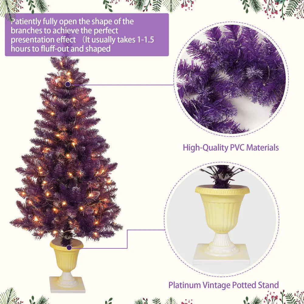 Pre-lit Christmas 4-Piece Set: Garland, Wreath, 2 Entrance Trees with LED Lights, Purple PVC. Ideal Festival Celebration Set.