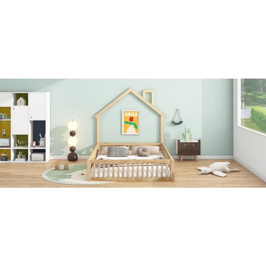 Wood Full Size House Platform Bed with Guardrail