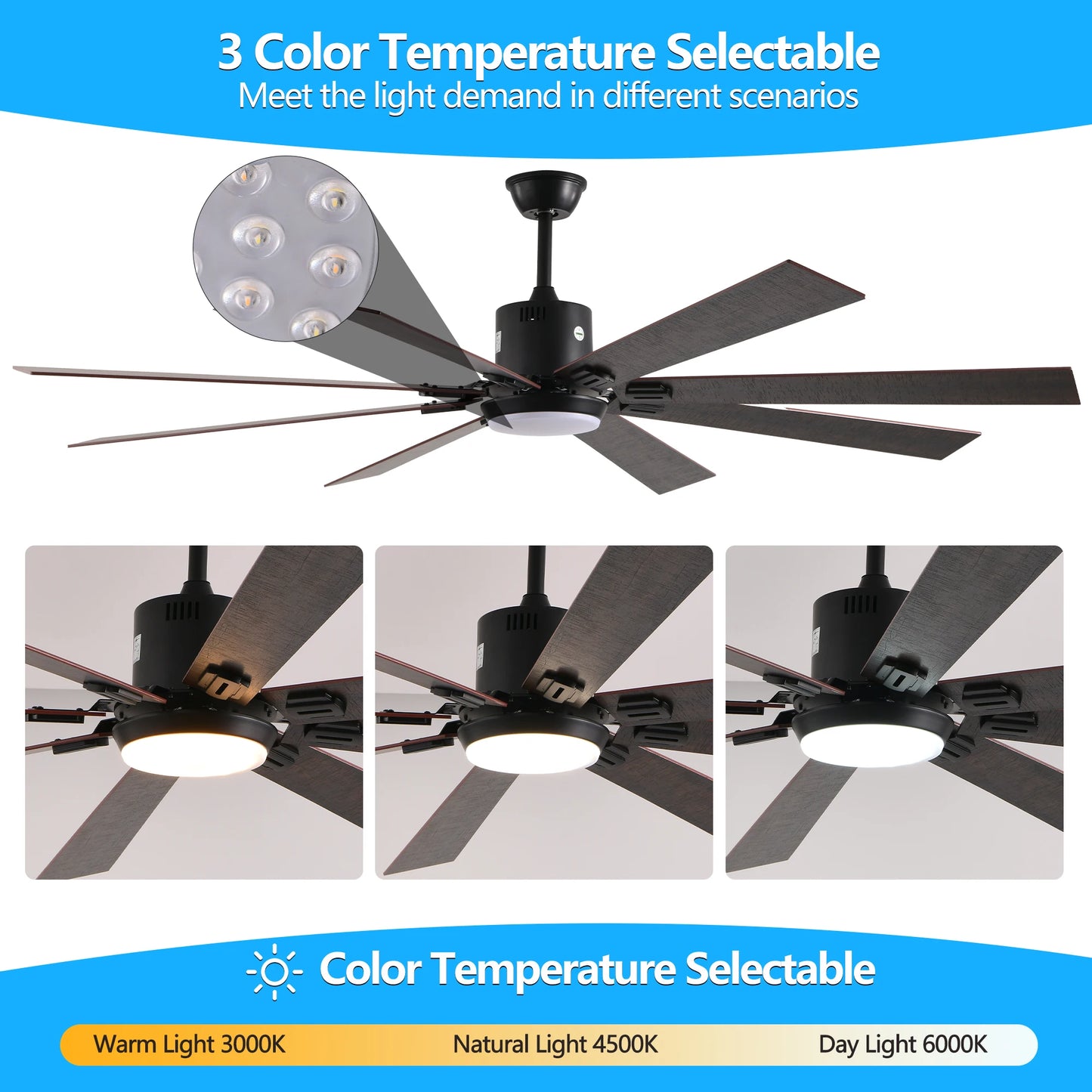 Walnut LED Ceiling Fan Light with 8 Wooden Blades, Remote Control, Dimmable & Adjustable Color Temperature