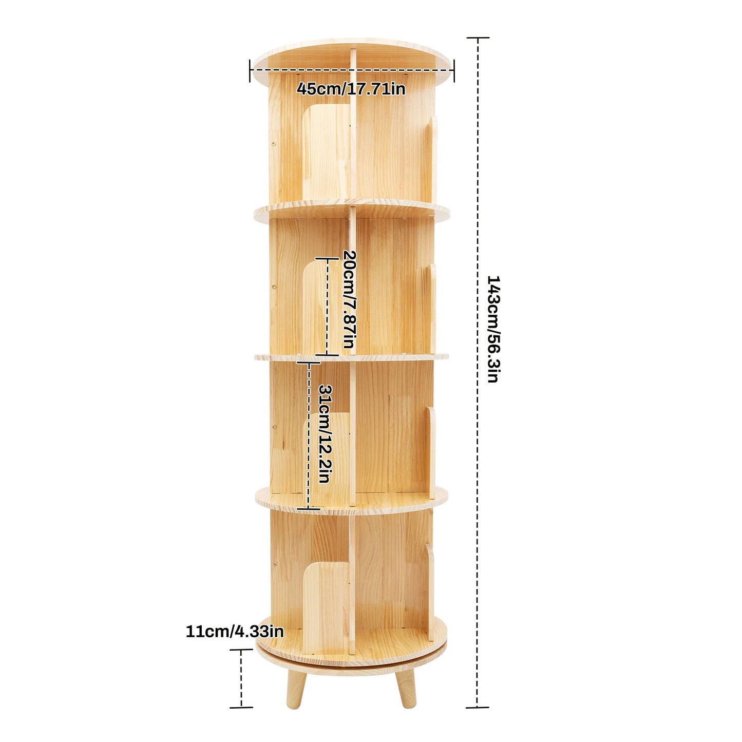 4 Tier Rotating Bookshelf with Legs,Floor Standing Stackable Wood Round Bookshelf 360 Display Book Shelf for Living Room Bedroom