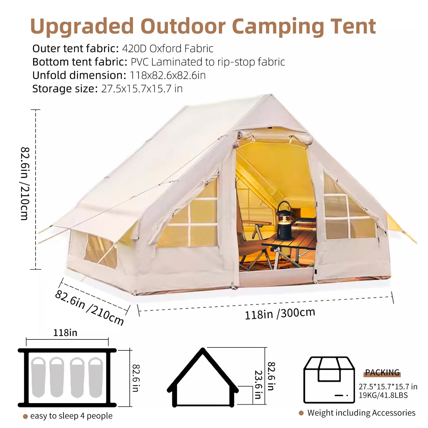 Camping Tent with Pump, Glamping Tents, Easy Setup 4 Season Waterproof Windproof