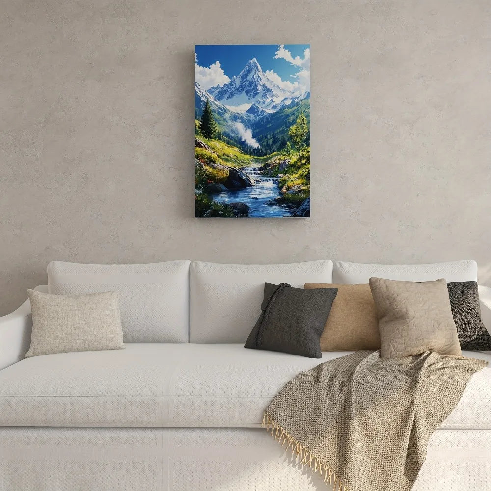 Show the mountain summer scenery, blue sky and white clouds, snowy mountains, interior decoration