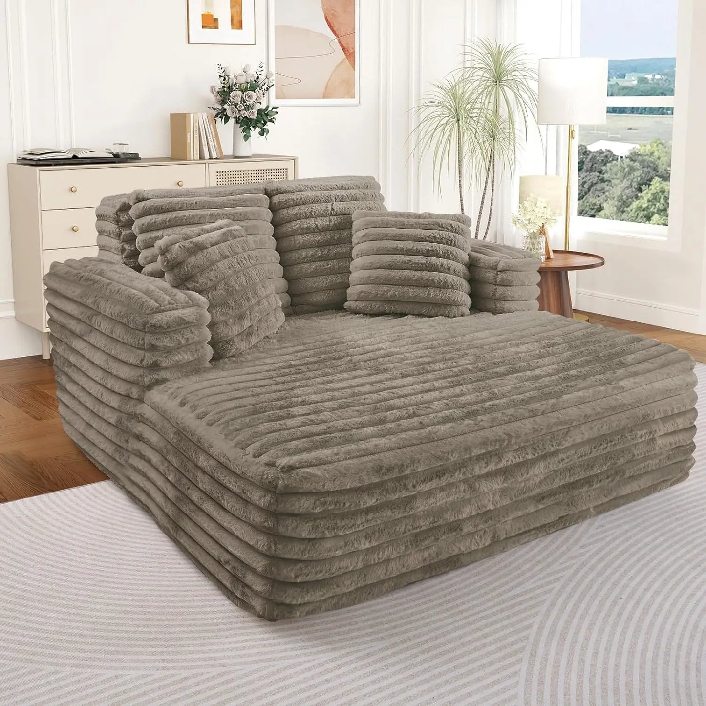 Oversized Chaise Lounge Indoor, Modern Plush Corduroy Fabric Deep Seat Boneless Memory Foam Sleeper Chaise Lounge, Customized