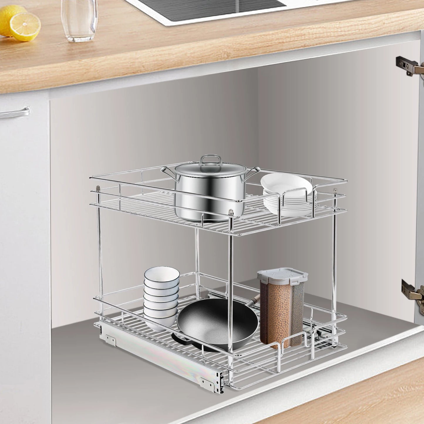 2-Tier Silver Cabinet Pull Out Shelves, Organizer Storage