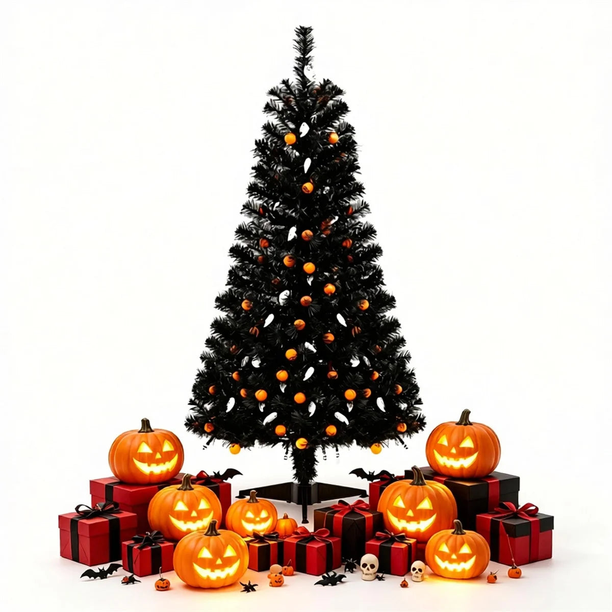 Black Halloween Tree with 65 Ghost Cold White Lights & 65 Pumpkin Orange Lights