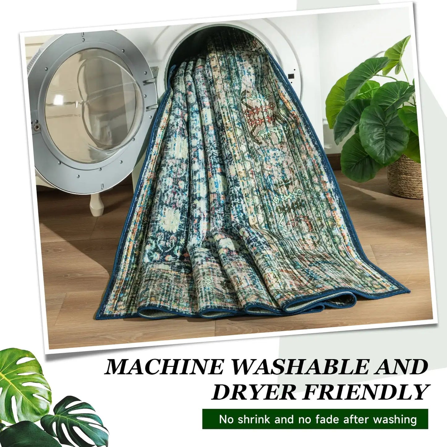 Floral Washable Rugs, Area Rug for Living Room, Soft Large Boho Bedroom Rugs, Botanical Non Slip Ultra Thin Floor Carpet