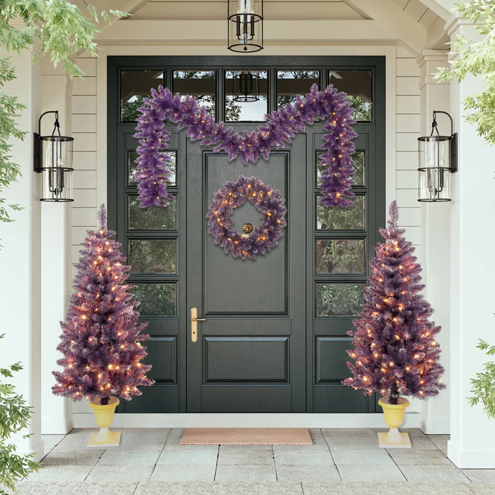 Pre-lit Christmas 4-Piece Set: Garland, Wreath, 2 Entrance Trees with LED Lights, Purple PVC. Ideal Festival Celebration Set.