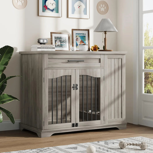Furniture Style Dog Crate Heavy Duty Wooden Dog Kennel With Drawer Side Storage & Built-in Feeding Station For Pets