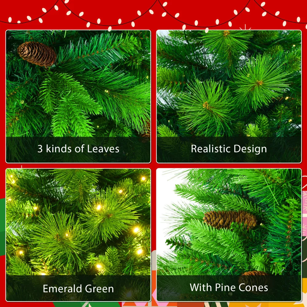 6FT Grass Green Pine Christmas Tree, Pre-Lit with Garland & Wreath,