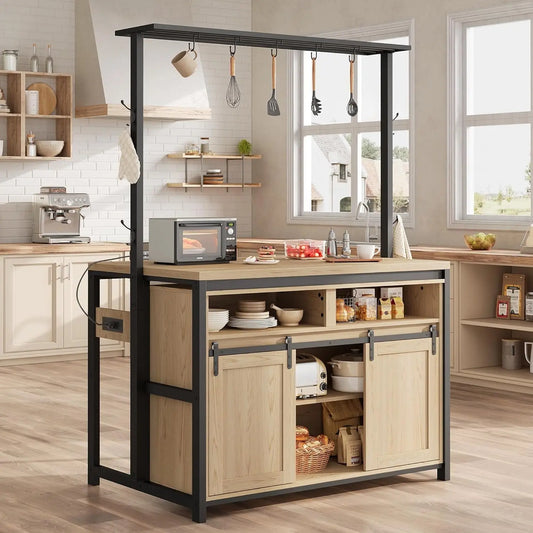 72 inch Tall Kitchen Island with Storage, Bakers Rack with Sliding Barn Door
