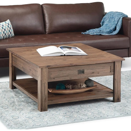 Square Coffee Table - 38 Inch Wide Solid Acacia Wood Living Room Table In Rustic Natural Aged Brown