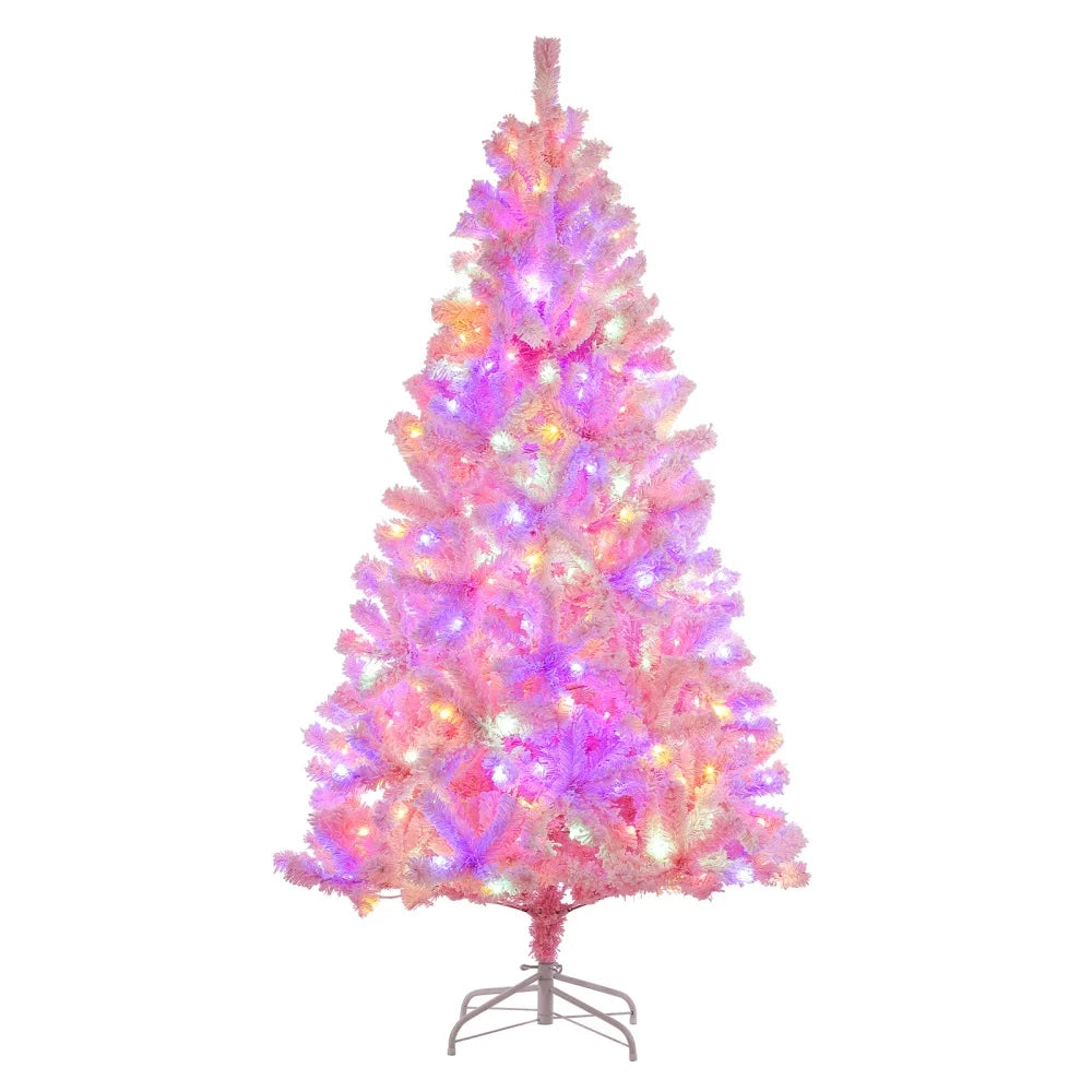 6Ft Pink Pre-Lit Christmas Tree, Snow Flocked Artificial Christmas Tree with 250 & Multi Color Led Lights, Fake Xmas Tree