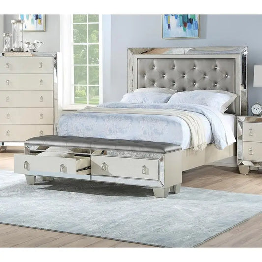 Glam Luxurious Queen Size Bed with Drawer Footboard, Silver Mirror Accents, Tufted Headboard Furniture Set for Modern Bedroom