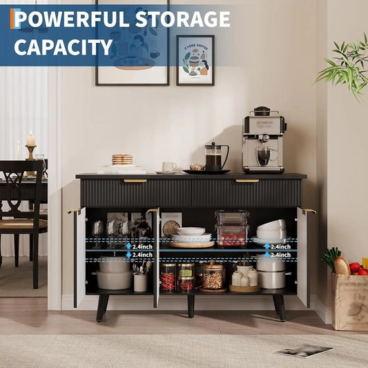 Modern Farmhouse Buffet Cabinet with Fluted Design Kitchen Storage Sideboard & Coffee Bar Cabinet for Living Room Hallway